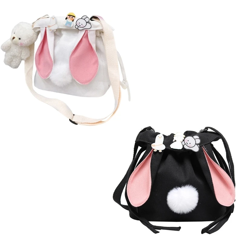 

Women Girls Rabbit Ears Canvas Small Crossbody Bag Drawstring Bucket Bag Adjustable Shoulder Bag Handbag Purse