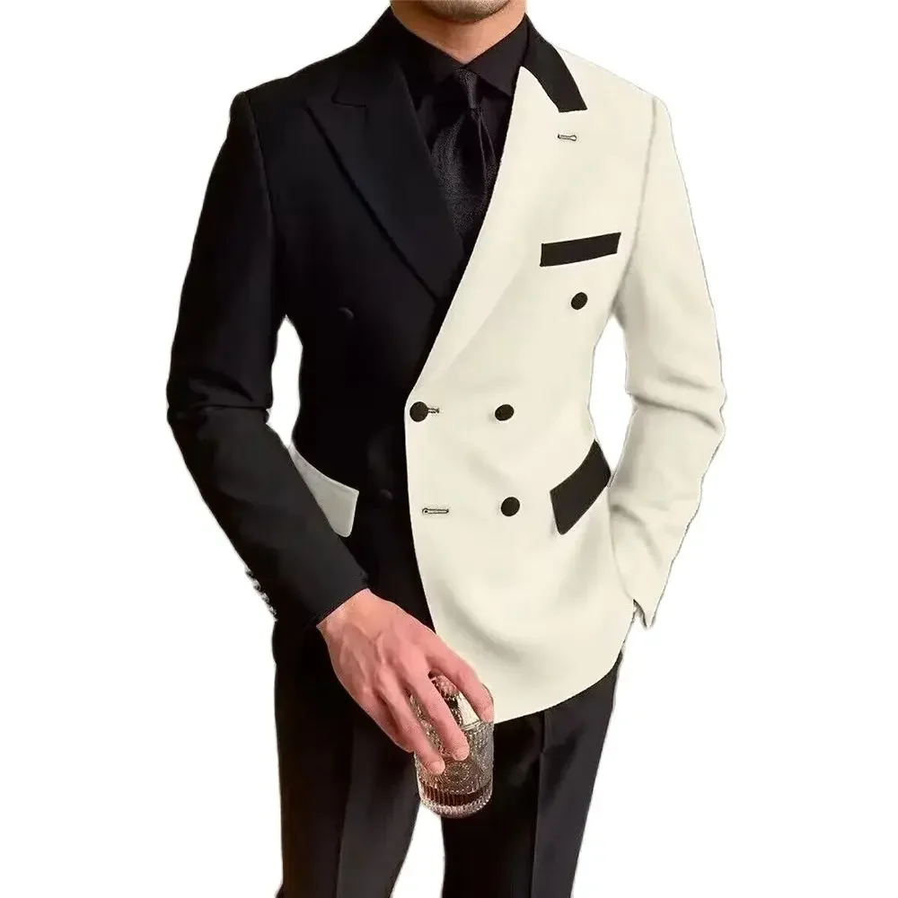 Latest Design White and Black Stitching Suits for Men Chic Peak Lapel Double Breasted Male Suit Concert Casual Wedding Tuxedo