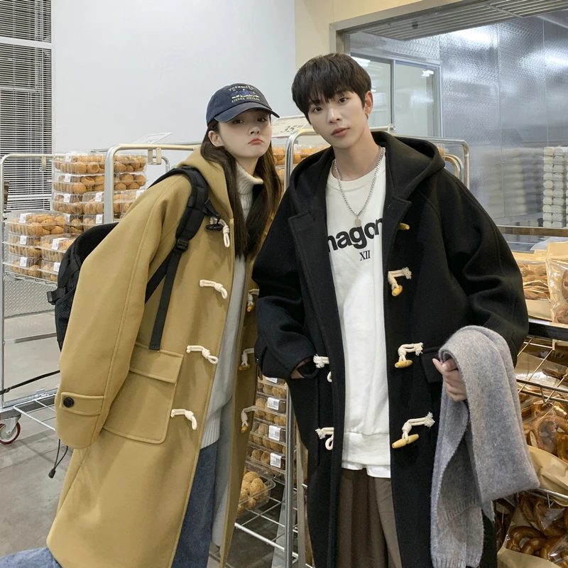 

RUIHUO Horn Button Hooded Winter Men's Coat Men Long Wool Coats Korean Autumn Clothes Man Jackets Trench Clothing Woolen 2023