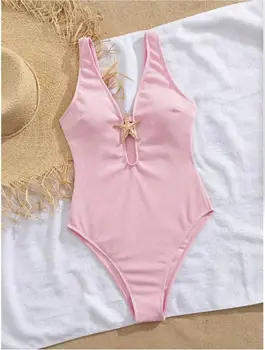 Pink One Piece Swimsuit 2026 Women Metal Starfish Ornament Hollow Out V Neck Tummy Control Swimwear Beach Bathing Suit Monokini