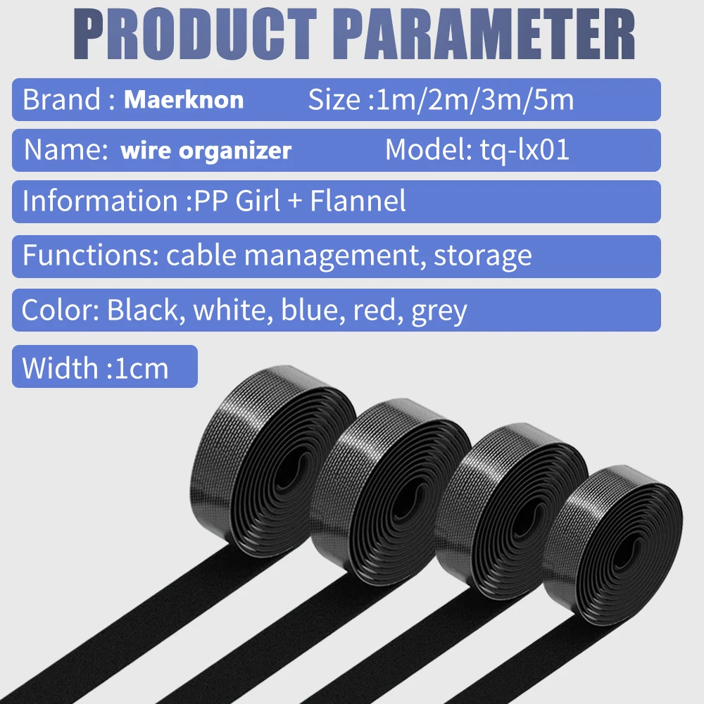 1m 3m 5m Reusable Cable Organizer Wire Winder Tape Nylon Cable Tie Desk Wire Management for Earphone Mouse Data Cables