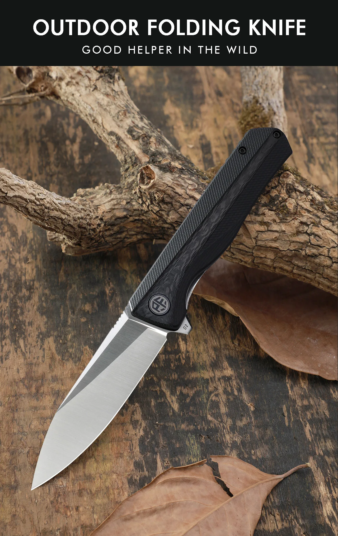 Description Picture 4 of itemPetrified fish D2 Steel PF818 folding knives G10 handle ball bearing outdoor hunting knife EDC pocket tool