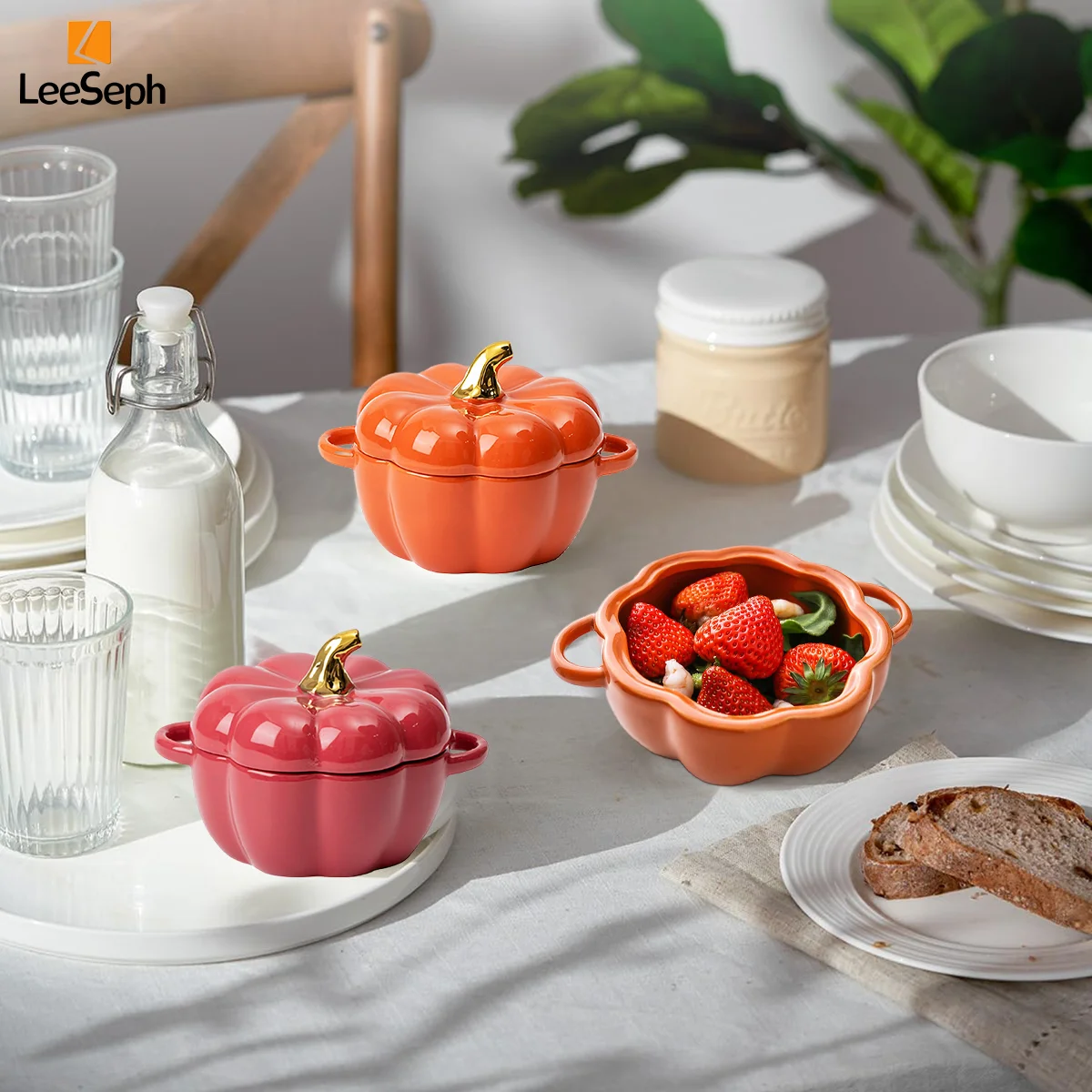 Leeseph Halloween Pumpkin Pot with Lid, Pumpkin Pottery Dessert Saucepan, Cute Casserole, Ideal Gift For Halloween