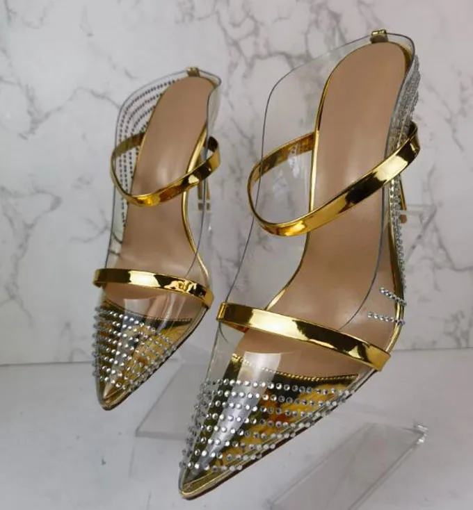 

sexy Gold Purple Crystal Mesh PVC Pointed Toe Double Strap Slipper Sandals 11cm High Heels Slingbacks Shiny Pumps Woman