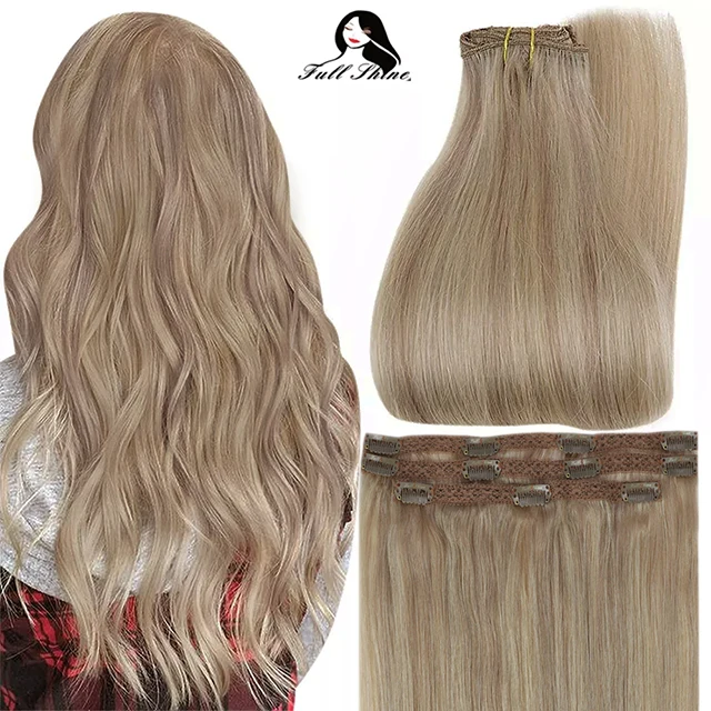 Full Shine 50 Grams Clip On Human Hair Extensions Ombre Color 3Pcs 100% Machine Remy Human Hair Hairpins Clip In Hair Extensions 16p22