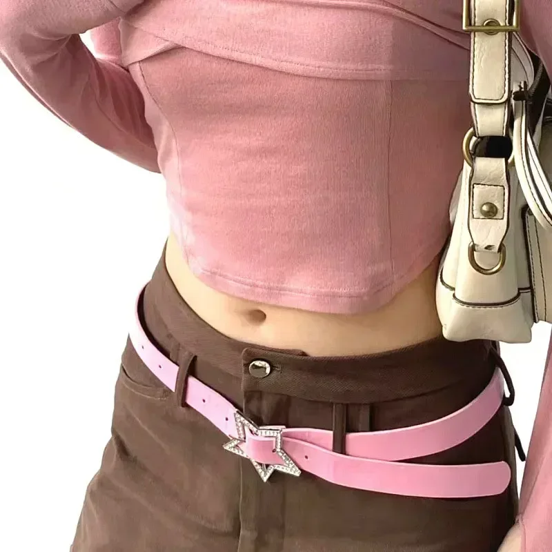 女性用の伸縮性のあるラインストーンバックル付きベルト,ピンク