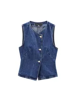 2024 Autumn and Winter New Arrivals Casual All-match Round Neck Sleeveless Blue Slim Waist Denim Vest 1