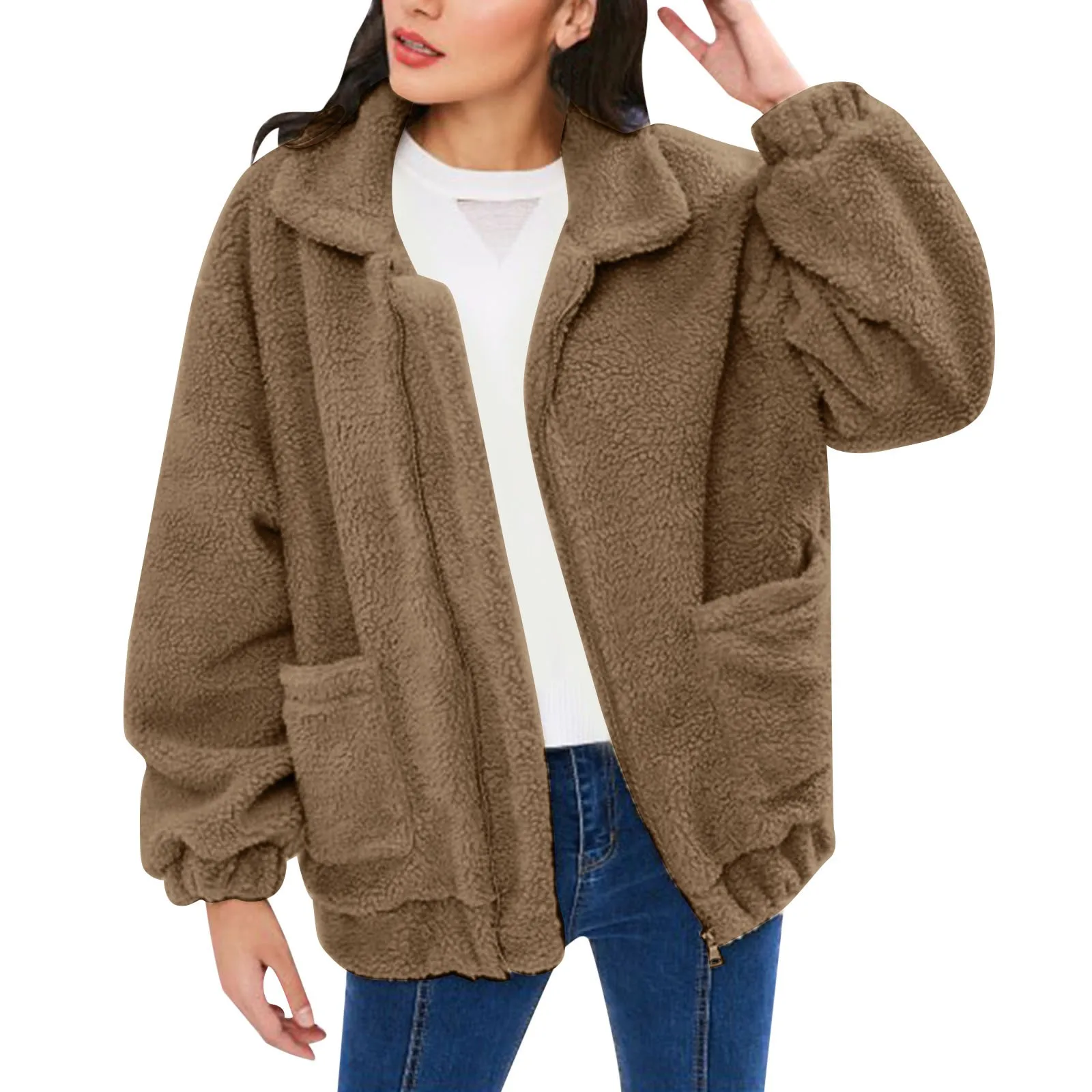 

Fashion 2023 Autumn Women Teddy Bear Fluffy Jacket Stand Collar Loose Plush Jacket Brown Solid Warm Outwear Faux Lamb Coats