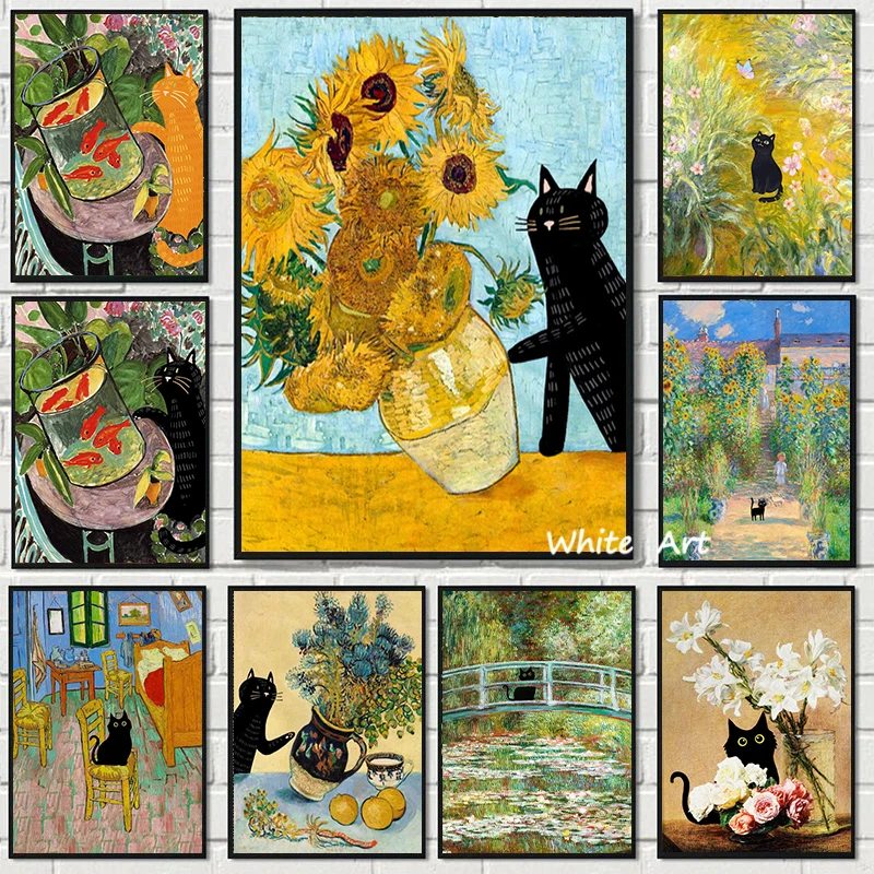 

Забавные Животные художественный Постер Черный кот расстроен Подсолнух Картина на холсте всемирно известная картина HD Печать настенное Искусство гостиная домашний декор