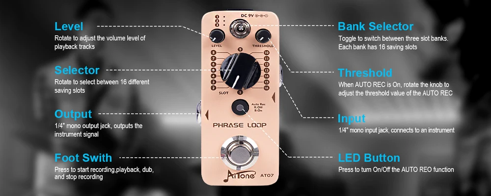 AITONE Series AT-07 Looper Pedal Auto Recording Mode 3 Saving Banks with 16 Slot