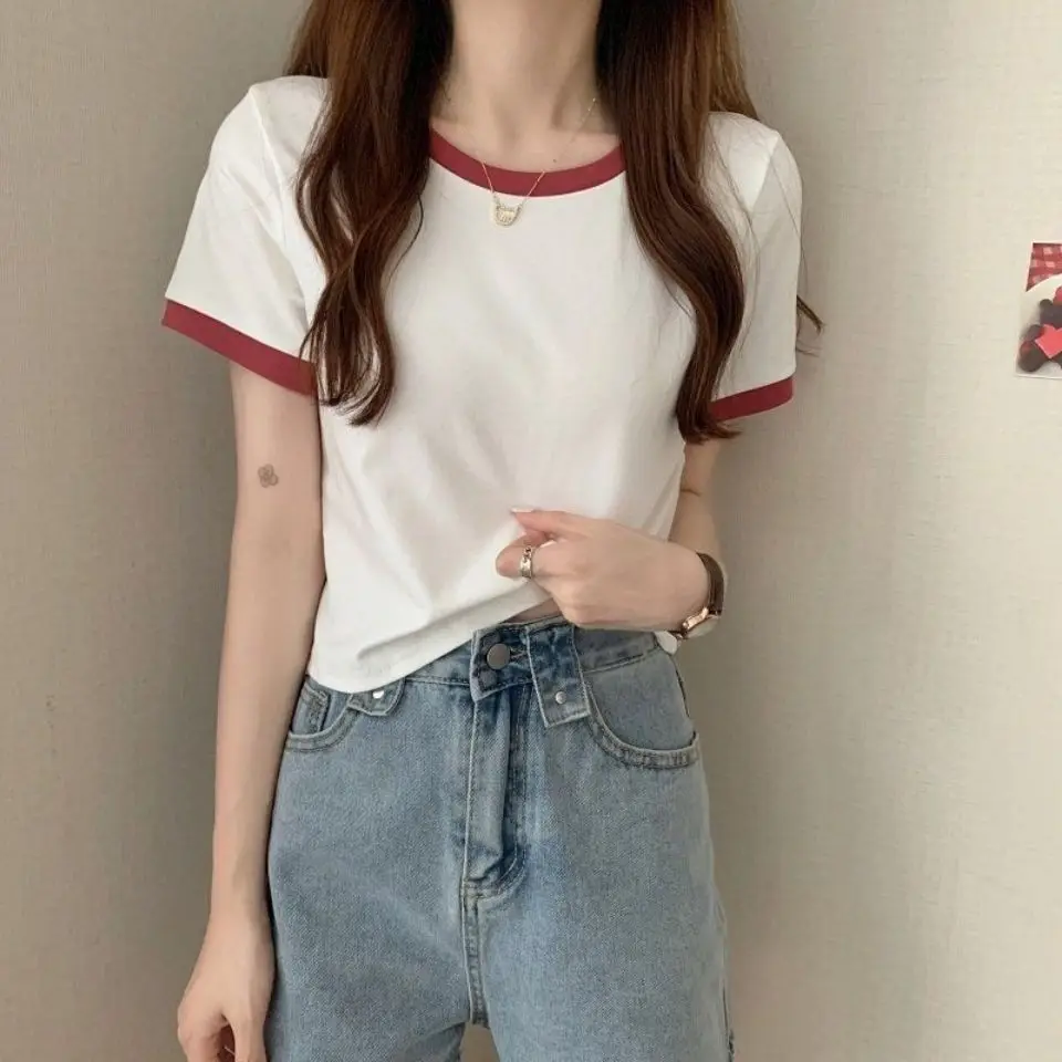 

Contrast Round Neck Short Sleeved T-shirt for Women's New Summer Casual Pullover Splice Patchwork Korean Slim Fitting Top