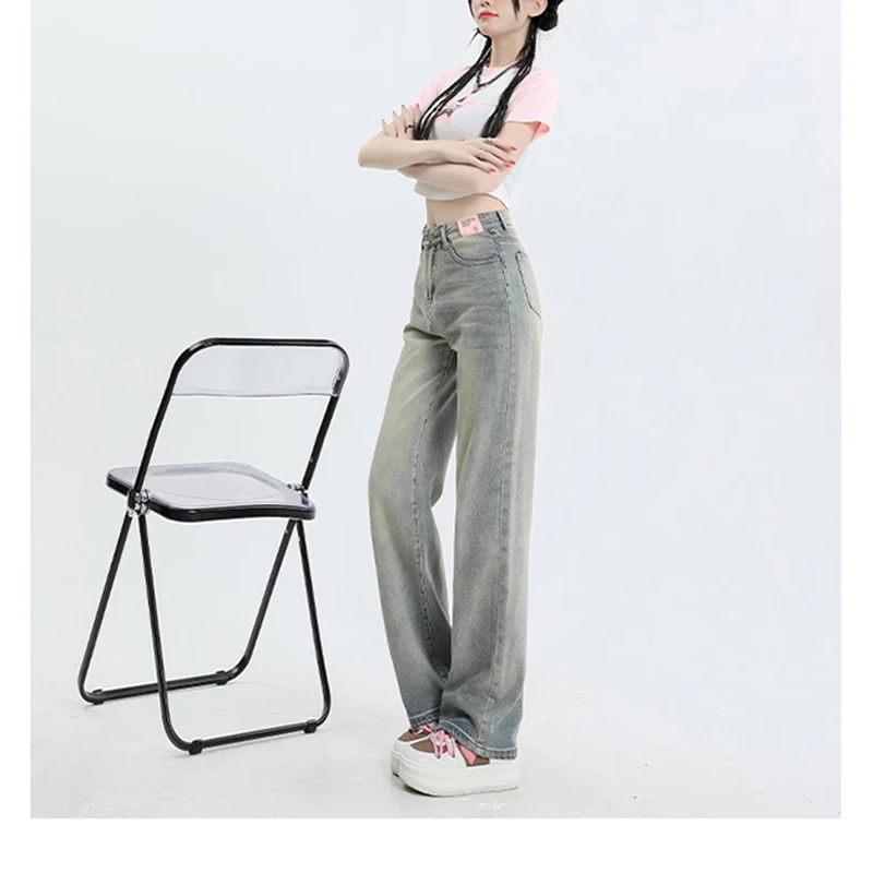 Real time photo of retro blue jeans women's spring and summer long pants commuting high waisted straight tube small stature summ