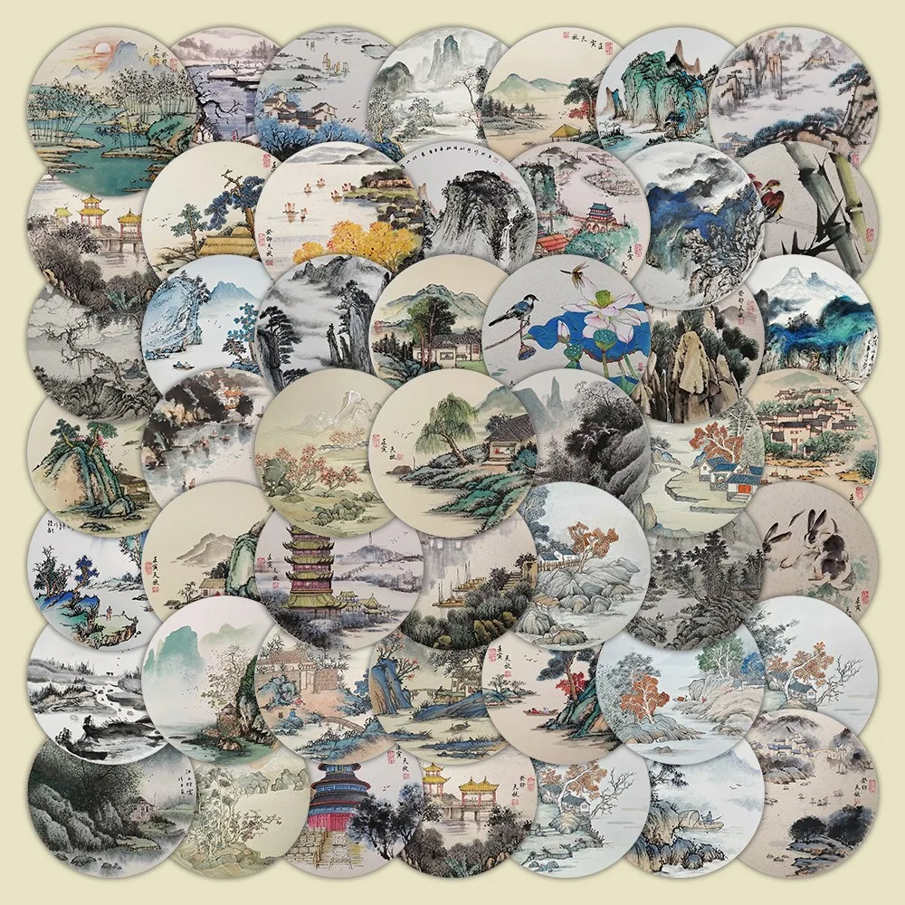 60Pcs Retro Chinese Style Landscape Painting Stickers Aesthetic View Illustration Decorative Sticker for Phone Fridge Notebook 2