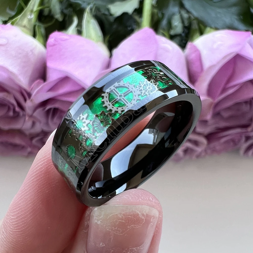 MenBand Unique 6/8mm Tungsten Carbide Rings Wedding Band Gear Wheel Black Carbon Fiber Inlay Fashion Jewelry Comfort Fit