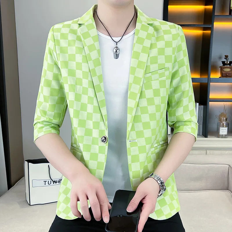 

Мужской новый красивый Блейзер HOO 2024 с квадратным цветочным принтом и рукавами средней длины