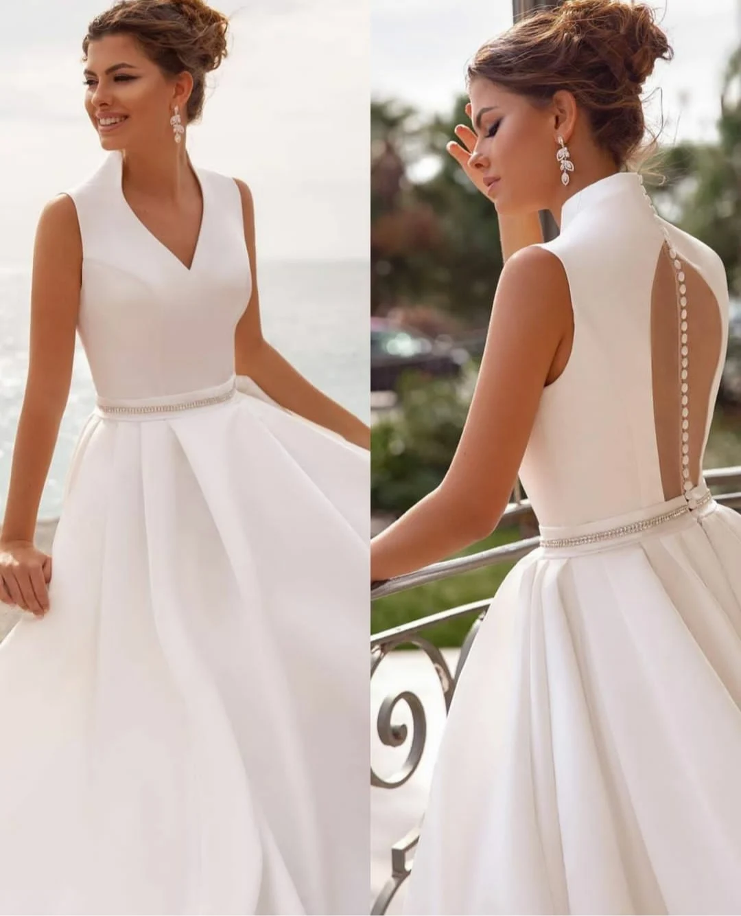 

Classic Long A-Line V-Neck Wedding Dresses with Pockets Floor Length Button Back Satin Prom Dress for Women