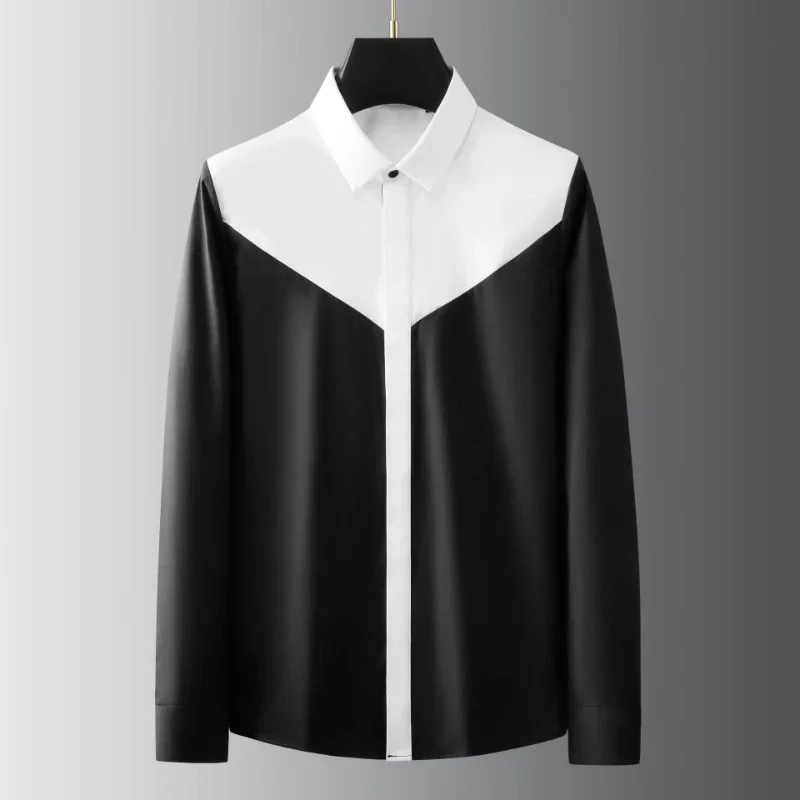 Black White Men's Shirts Luxury Long Sleeve Splicing Business Casual Male Dress Shirts Fashion Slim Fit Party Man Shirts