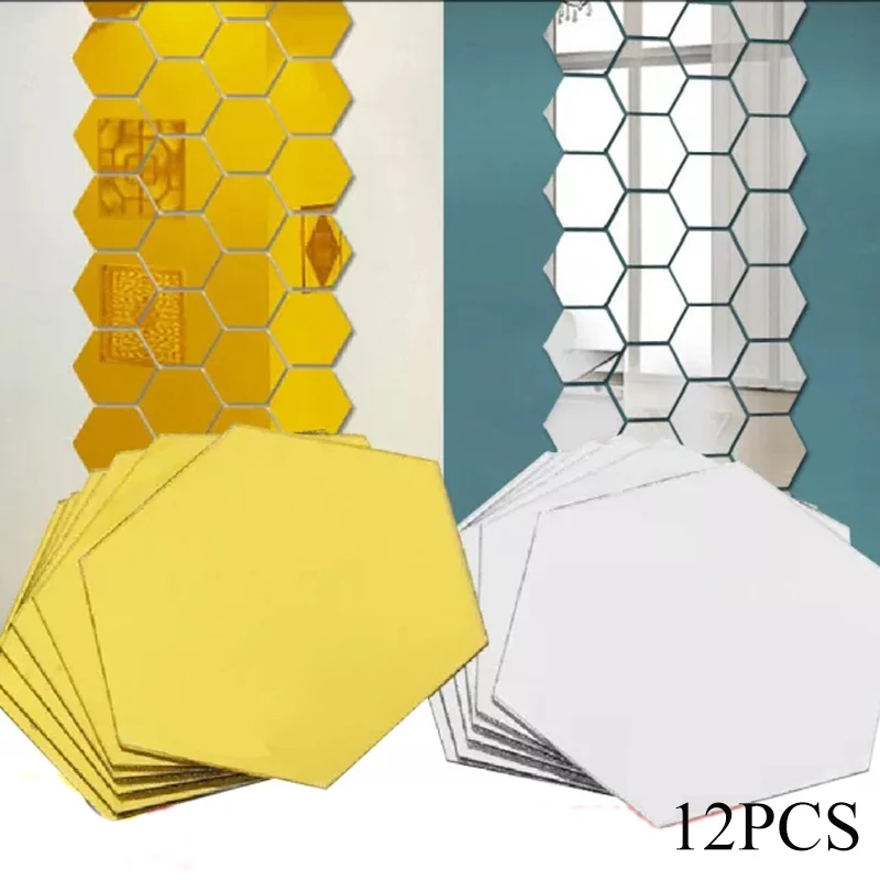 Mirror Wall Sticker 12pcs 3D Mirror Wall Stickers Hexagon Acrylic Self Adhesive Mosaic Tiles Decals Removable Wall Sticker DIY Home Decor Art Mirror