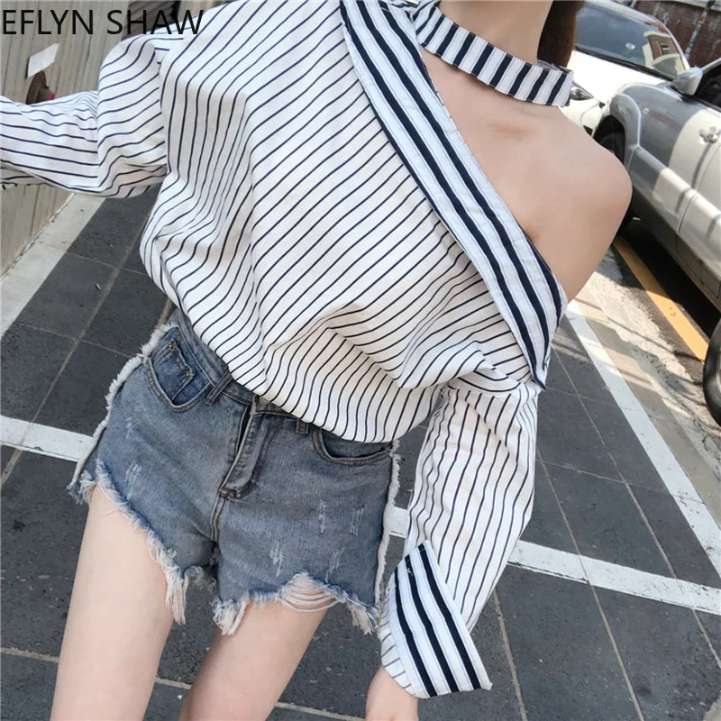 Sexy One Shoulder Top Fashion Women Summer Chic Design Light Mature StripyShirt Cold Shoulder Elegant Ladies Long-sleeved Blouse