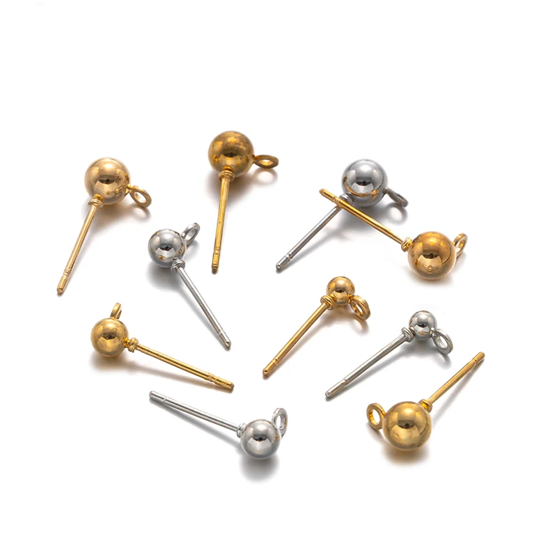 50pcs  3 4 5 mm Round Ball Post Earring Studs Pin with Loop for DIY Jewelry Dangle Ear Making Supplies Material Accessories