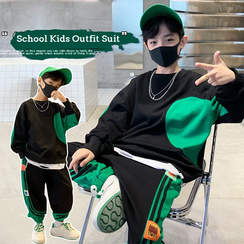 Kids Clothes SpringAutumn Boys Cotton Contrast Sweatshirt+Sweatpant School Kids 2PCS Tracksuit Child Jogger Outfit Student Workout Set 5-14Yr