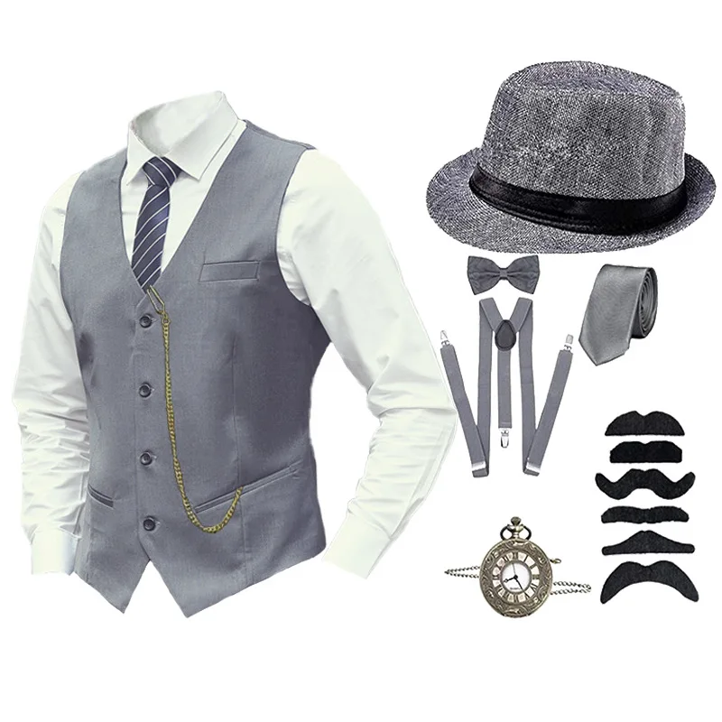 

1920s Gatsby Shirt Waistcoat Vest Business Tie Single-breasted Slim-fit Male Homme Casual Work Office Wear Suit Set Men