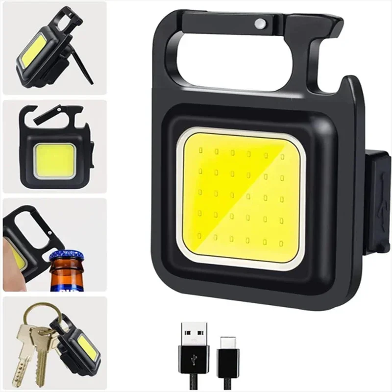 Keychain Light Mini Multifunctional Camping Flashlight USB Rechargeable LED Portable Bright COB Pocket Clip Lantern Outdoor Work