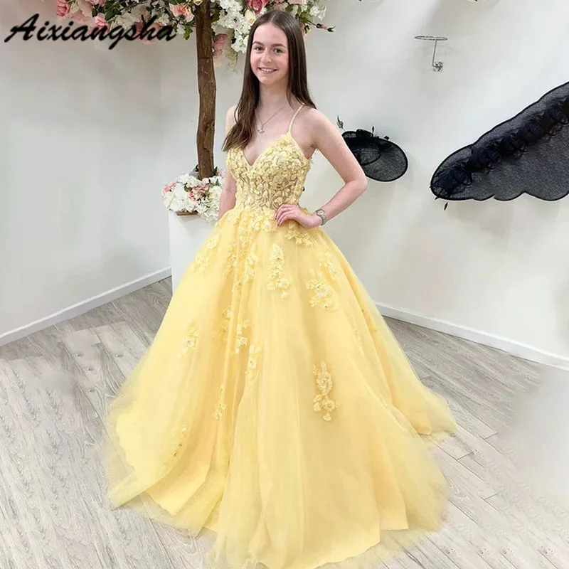 ZSHAOLHYJYZS Women's Tulle Prom Dresses With 3D Flower V Neck Lace Applique Ball Gowns Baby Blue Evening Dress,Size 0