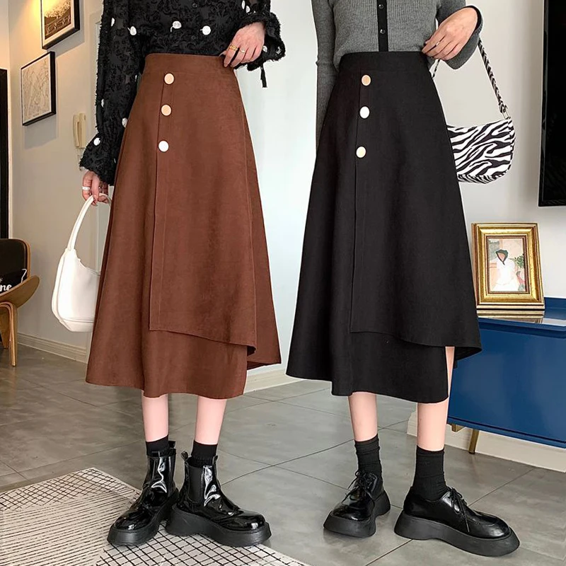 

Korean Style High Waist Midi Skirt Women 2023 Spring College Style A Line Long Skirts Woman Solid Streetwear Pleated Skirts