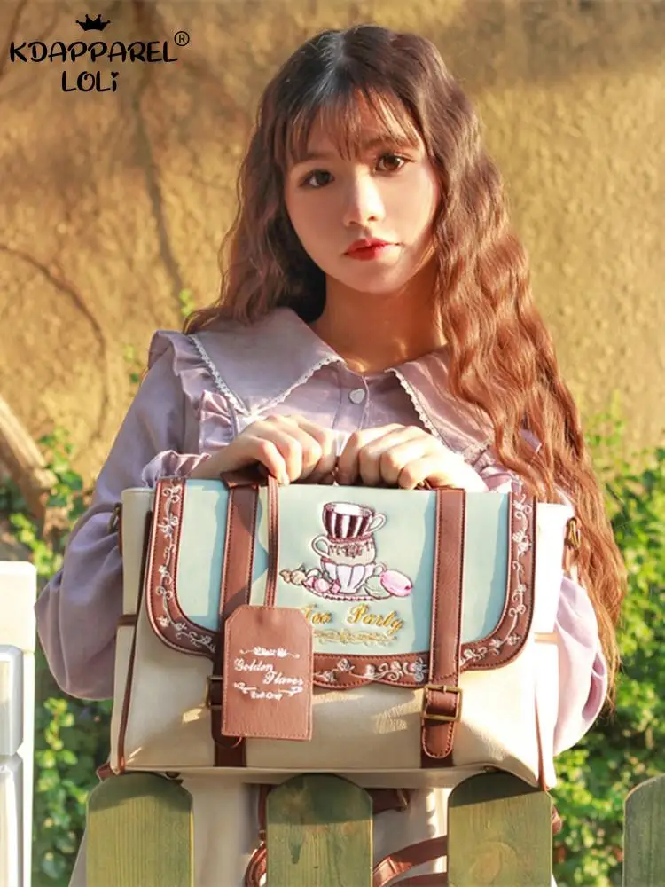 

Japanese Style JK Uniform Bag Kawaii Lolita Tea Party Embroidery High School Teenage Girls PU Shoulders Messenger Handbags 3Way