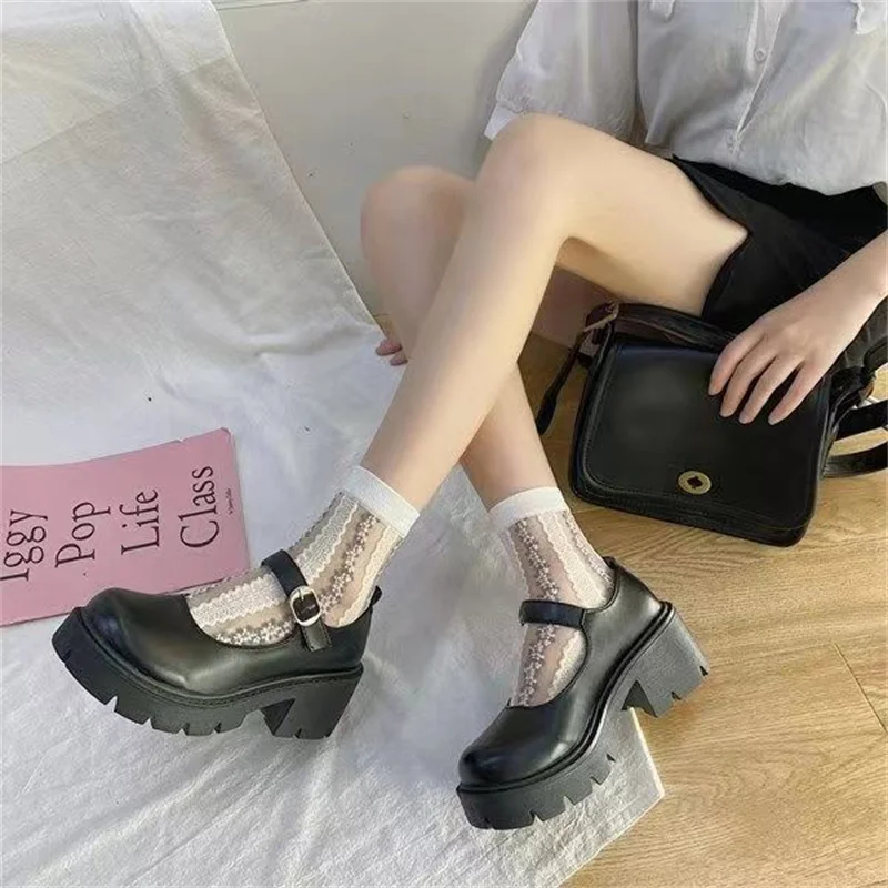 2023Lolita Shoes Japanese Girl Platform Black High Heels Fashion Round Toe  Jane Women Patent Faux Leather Student Cosplay Shoes