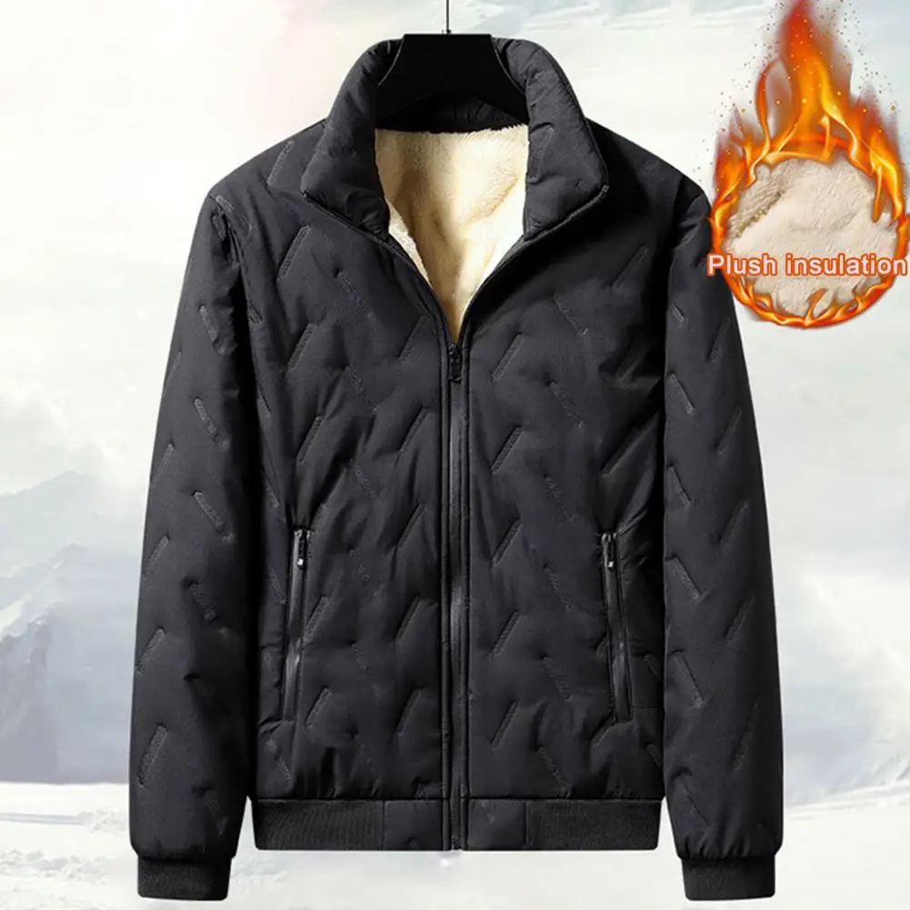 

Men Windproof Winter Jacket Men's Winter Jacket with Stand Collar Thick Plush Padding Windproof Closure for Cold Weather