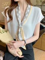 H Han Queen – chemisier en mousseline de soie pour femme, haut décontracté à lacets, Style coréen OL, tenue de bureau, ample, été 6