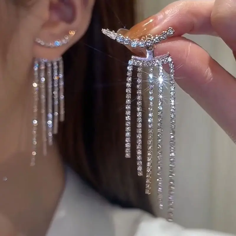 Korean Full Rhinestone Long Tassel Drop Earrings for Women Exquisite Luxury Zircon Crystal Earrings Female Jewelry