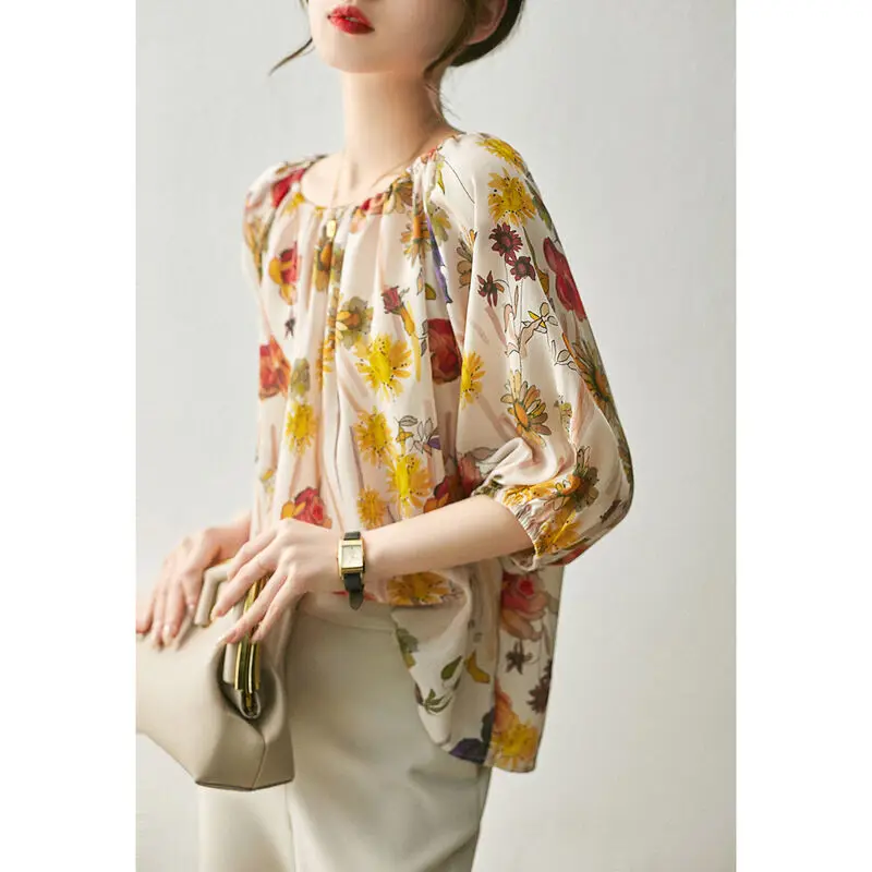 Summer New Mixed Color Loose Blouses Slash Neck 3/4 Sleeve Printing Shirt Tops Temperament Elegant Women Clothing