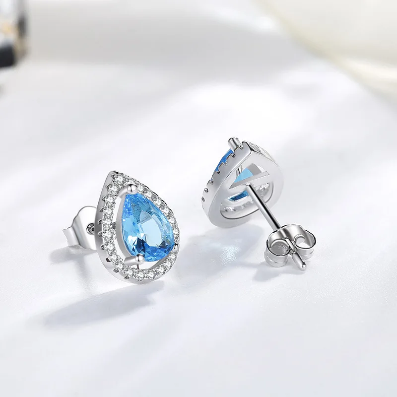 Yanleyu Waterdrop Blue Cubic Zirconia Stud Earrings for Women Real Solid 925 Sterling Silver Fine Wedding Jewelry Gift