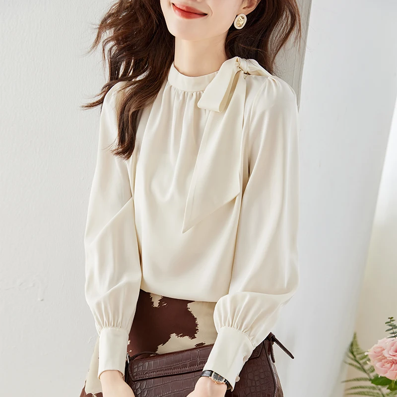 

Satin Women's Shirts Loose Solid Casual Blouses Spring/Summer Ladies Clothing Fashion Long Sleeves Bow O-neck Tops YCMYUNYAN