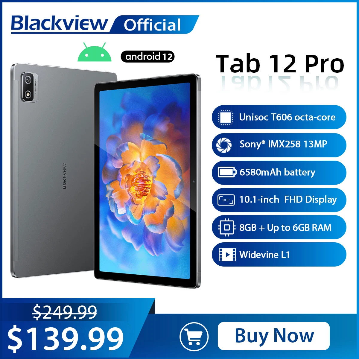 

Blackview Tab 12 Pro Tablet 10.1'' Display Pad Android 12 T606 Octa Core 8GB+6GB RAM 128GB 6580mAh 13MP Camera Dual 4G Tablet PC