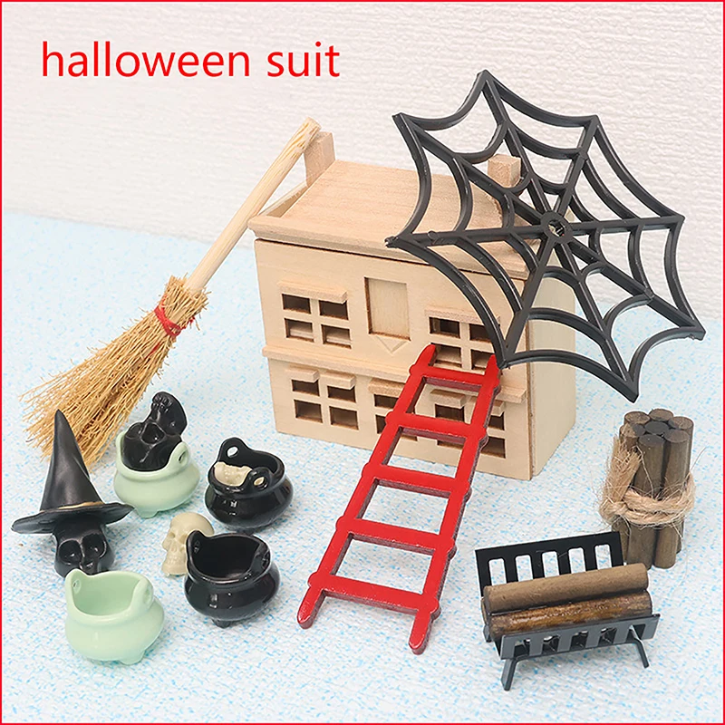 

1Set 1:12 Dollhouse Miniature Halloween Furniture Ornament Storage Cabinet Witch Hat Spider Web Model Decor Toy