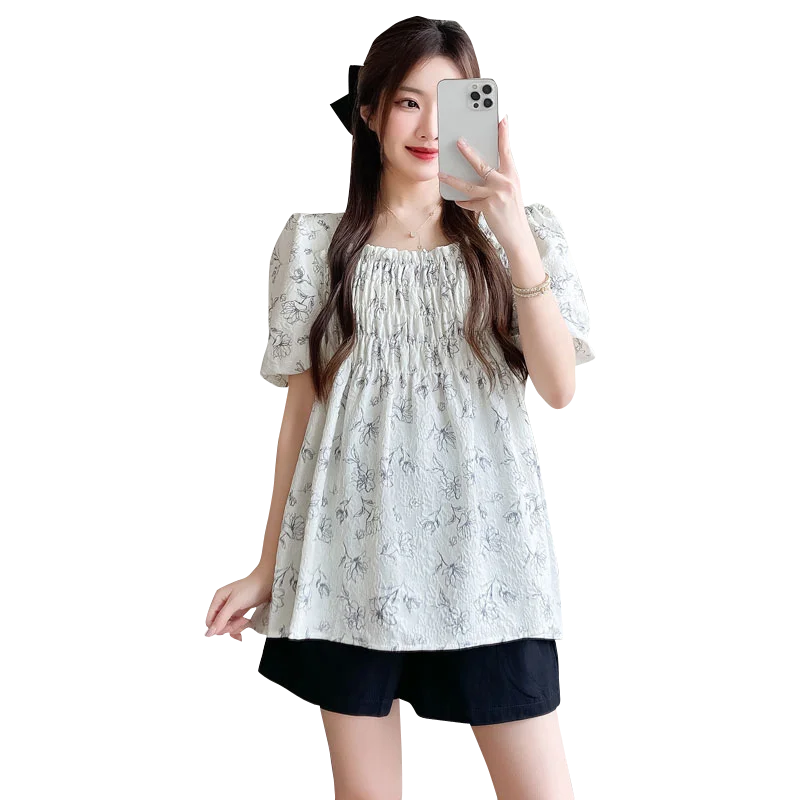 출산복 여름 인형 루즈핏 반팔 외출복 패션 투피스 세트 여성 티셔츠 상의 한국 스타일 꽃무늬