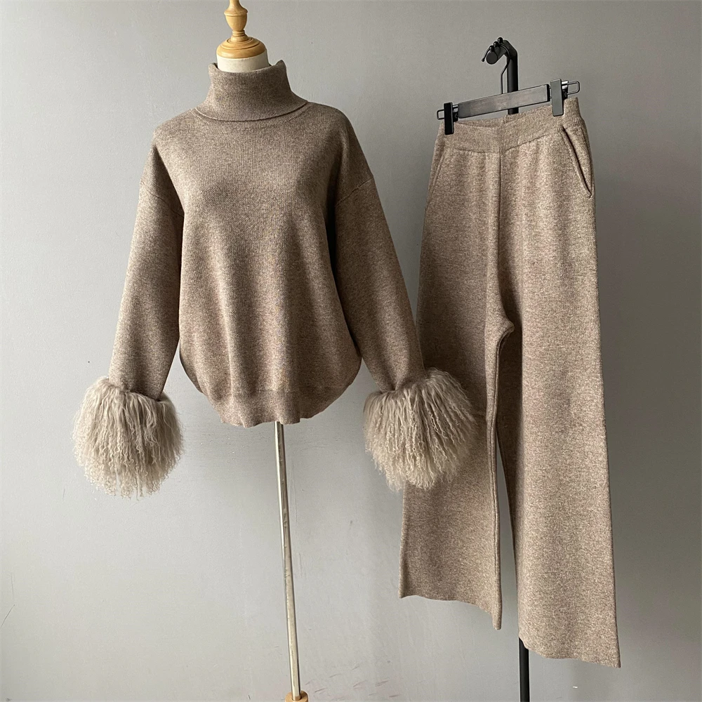 Two piece wool blend turtleneck set model wearing fall outfit