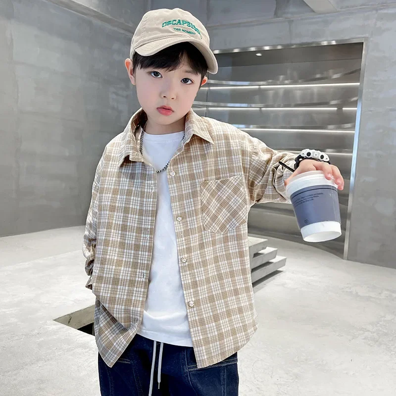 Spring Autumn Plaid Shirt Thin Outerwear for Boys Mid Large Children Fashionable Clothing Spring Autumn Style Lightweight Jacket