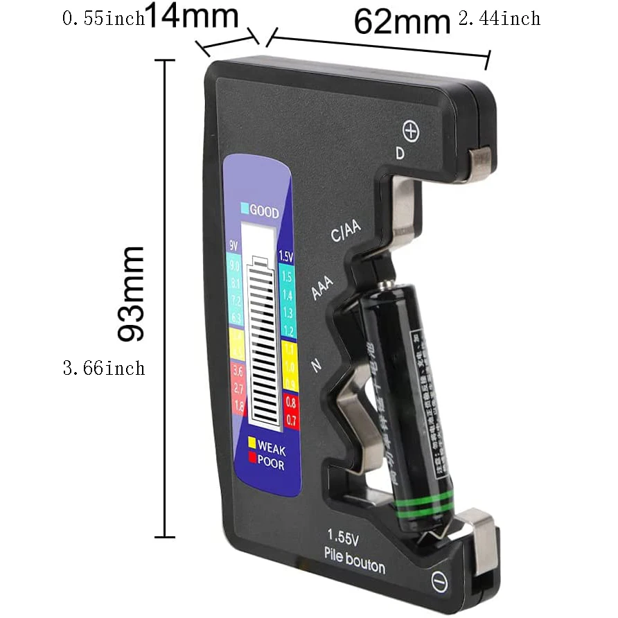 Testeur de batterie BT-886 - Indicateur de capacité pour piles lithium, noir/argenté