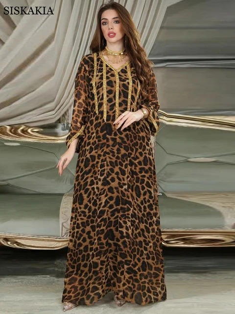 Leopard Print Diamonds Loose Ladies Dress Fashion Muslim Women's Jalabiya Ramadan Arab Hight Quality Feminine Clothes 1
