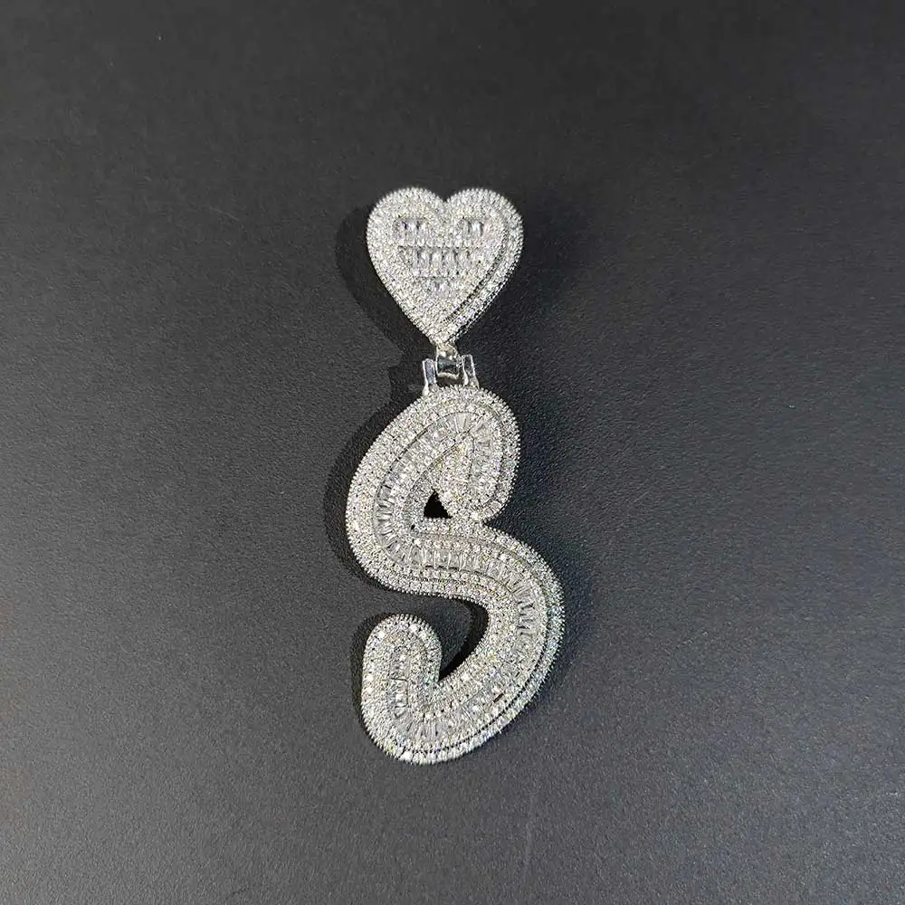 New Arrival Heart Hook Letter Pendant Square Cut CZ Stone Iced Out Diamond Letter Pendant Custom Name Necklace