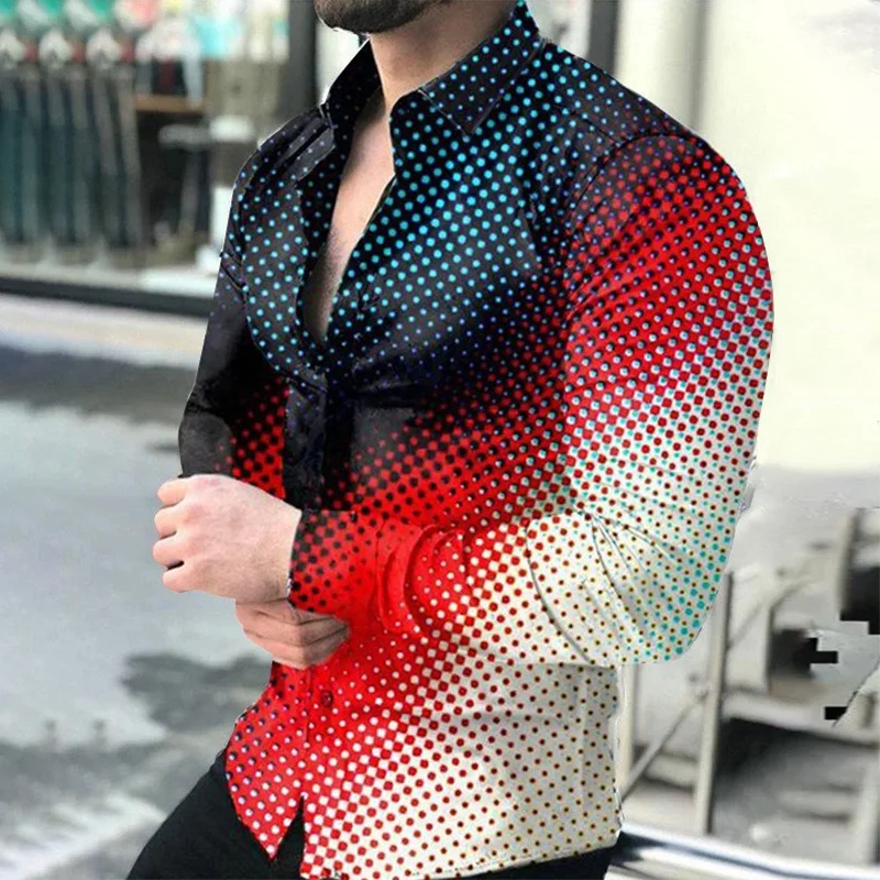 

2024 New Men's Shirt Fashion Stripes Print Long Sleeve Tees Summer Shirt Men Turn-down Collar Button Casual Blouse Mens Clothing