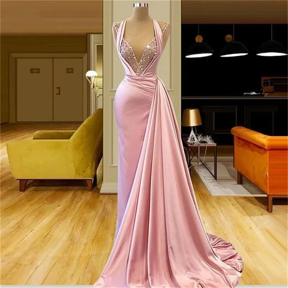 

Romantic Pink Sexy Prom Dresses Long Deep V Neck Beaded Sequined Stain Mermaid Vestidos De Fiesta Elegantes Para Mujer2024