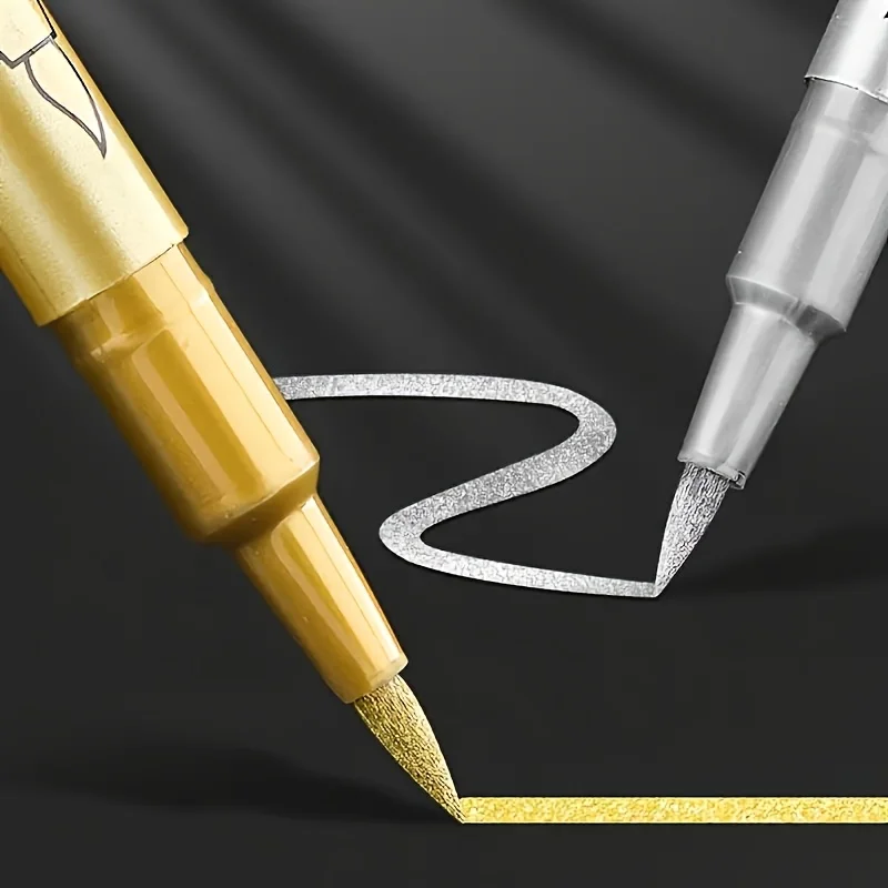 2Pcs Permanent Marker Pen Quick Drying Oil Based Paint Markers Gold Silver Color Oily Graffiti Pens Student Drawing Supplies 3