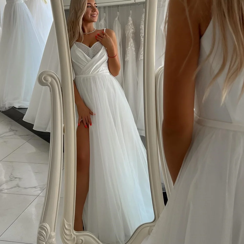 

SONDR White Spaghetti Straps A-Line Bride Dresses Custom Made Sweetheart Tulle Wedding Dress Robe De Mariée Evening Gown Bridal