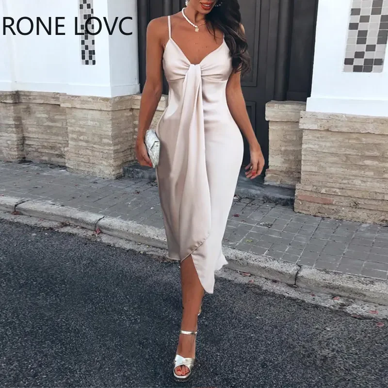 

Women Solid Elegant Spaghetti Straps Sleeveless Silt Midi Party Sexy Satin Dresses
